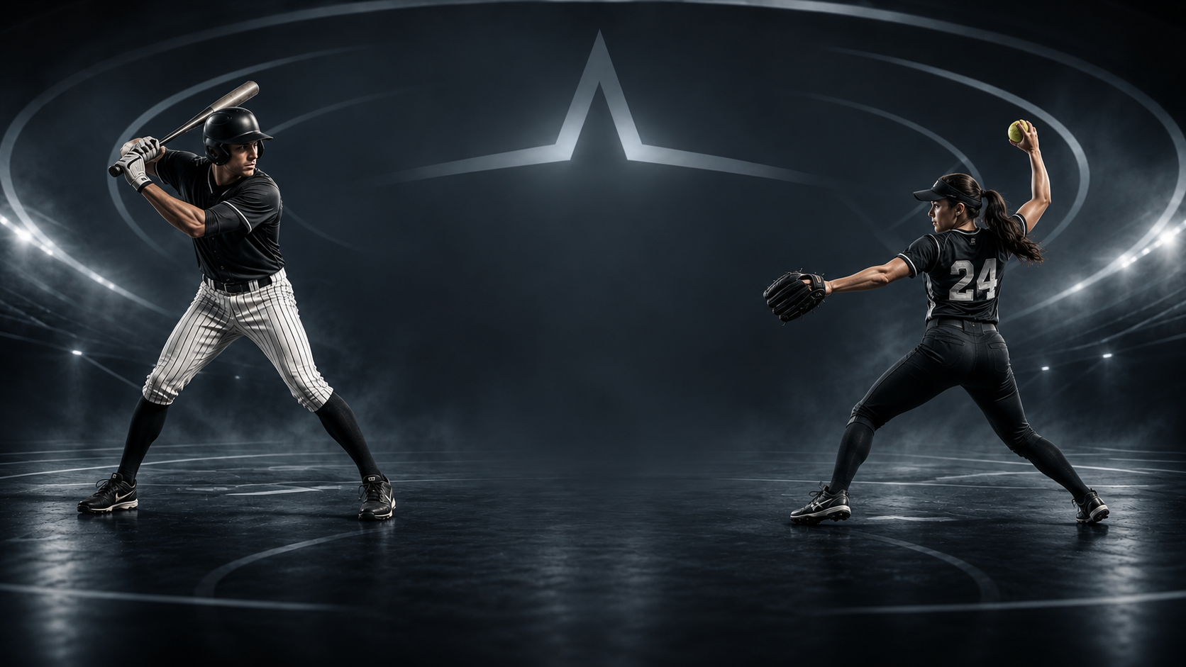 Baseball batter and softball pitcher in action under stadium lights